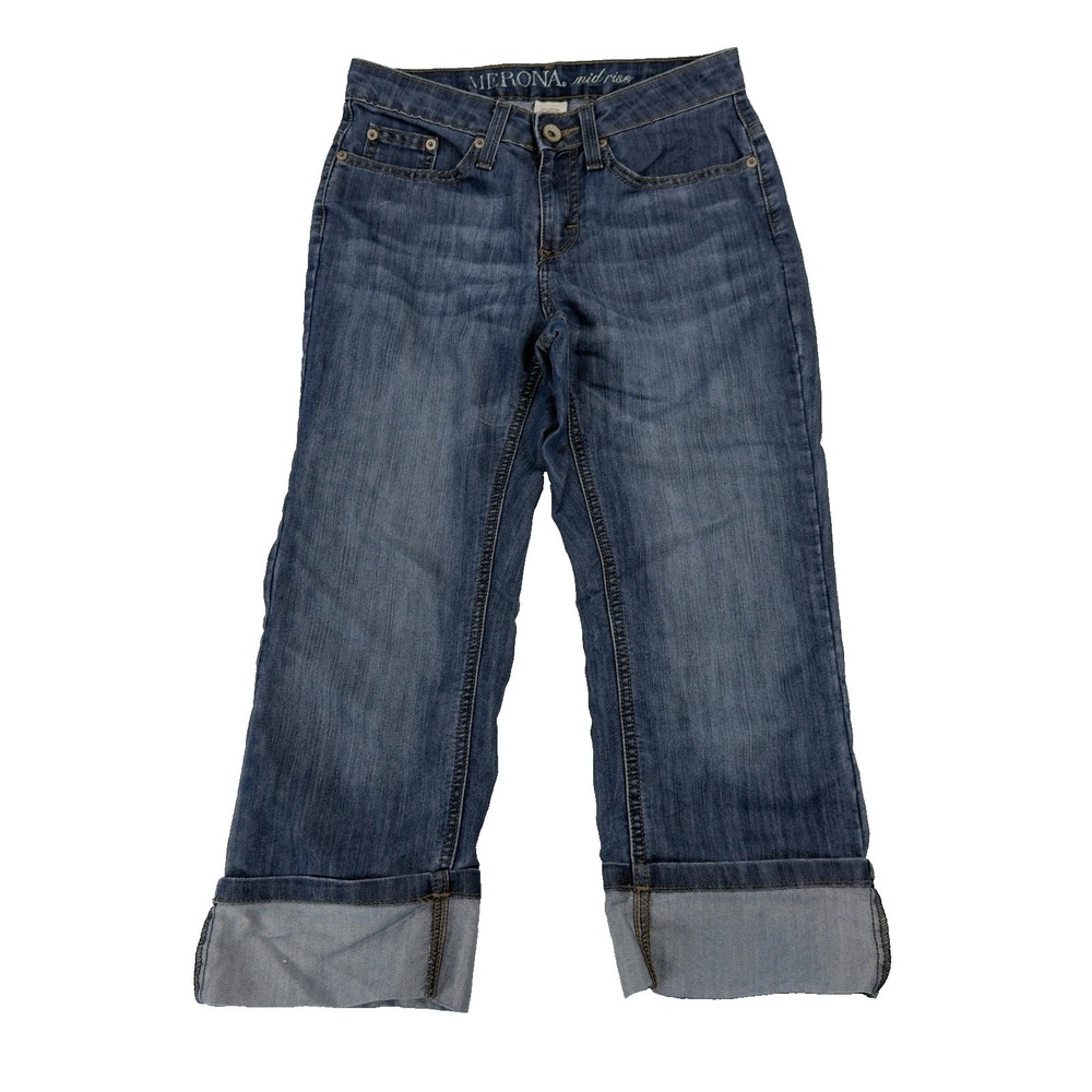Merona Mid Rise Cuffed Crop Capri Jeans Womens Size 2 28x22.5) Denim Blue‎ Wash